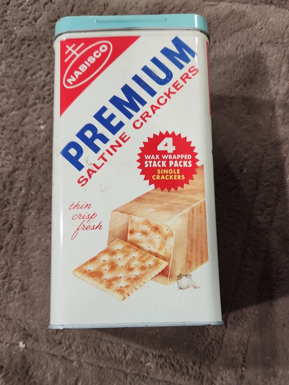 Vintage Premium Saltine Crackers Tin in White, Blue, Red, Tan